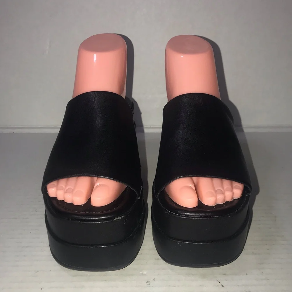 Steve Madden Black Leather Moveable Platform Sandals Sz 6.5 - Picture 2 of 11